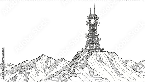 Detailed Black and White Illustration of a Communication Tower on Mountain Peak.