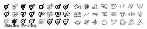 Gender and equality icon set featuring diverse social and economic symbols
