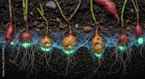 Deep soil fungi nourishing tuberous plant roots