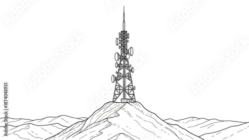Detailed Black and White Illustration of a Communication Tower on Mountain Peak.