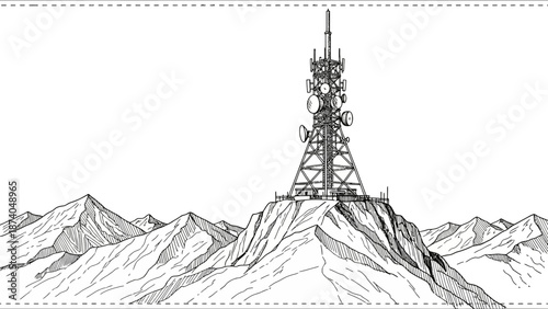 Detailed Black and White Illustration of a Communication Tower on Mountain Peak.