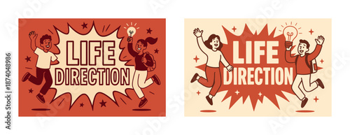 Energetic young adults celebrating with lightbulb ideas and life direction