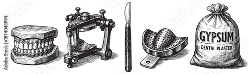 A black and white engraving displays vintage dental equipment including a full set of artificial teeth, a dental articulator, a scalpel, an impression tray, and a bag labeled "Gypsum Dental Plaster".