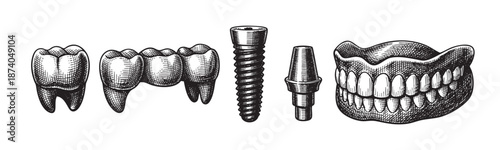 A detailed vintage illustration showcases various dental prosthetics including teeth implants, a bridge, and dentures against a clean white background, representing dental health and restoration.