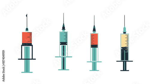 Medical Syringes with Different Colored Liquids in a Row on a White Background from a Straight-On Viewpoint Showing Medication Preparation