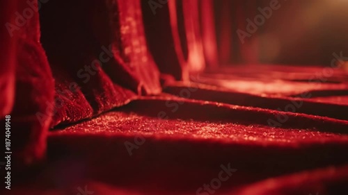 Close up of luxurious red velvet fabric textured surface stage curtain concept