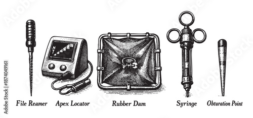 A detailed collection of vintage-style dental instruments, including a file reamer, apex locator, rubber dam, syringe, and obturation point, presented in an engraving aesthetic on a white background.
