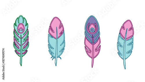 Feathers collection illustration with various colorful designs and patterns