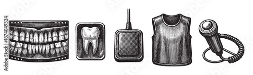 A collection of vintage engraved dental tools including a dental x-ray, a tooth, a sensor, and a drill, presented on a white background.