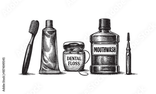 This vintage-style line drawing features essential dental hygiene tools including a toothbrush, toothpaste, dental floss, mouthwash, and a interdental brush on a white background.