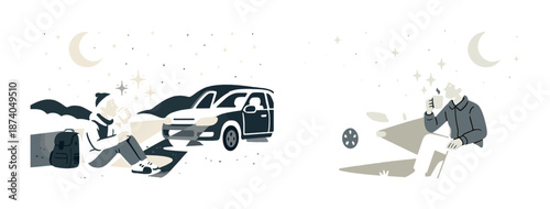 Two people enjoying a nighttime camp with car and stars