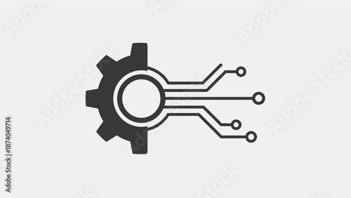 A minimalist illustration of a gear with circuit lines emanating from it, symbolizing technology and innovation.