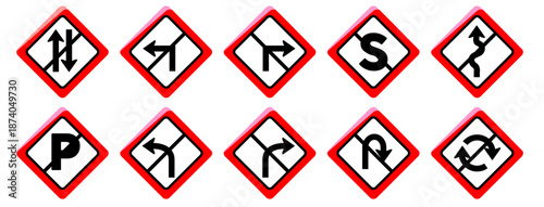 Set of ten traffic prohibition signs with red borders and black icons crossed out by a diagonal line. Vector illustration for road safety, traffic rules, and restriction concepts