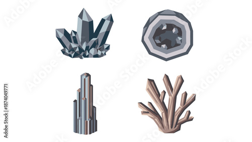 Illustration of crystals and minerals arranged in a grid pattern on a white background