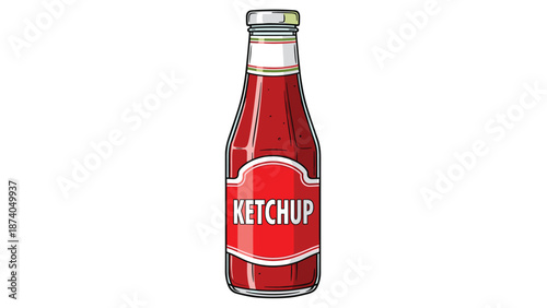 A clear glass bottle filled with red ketchup, featuring a prominent 'KETCHUP' label on a red background.