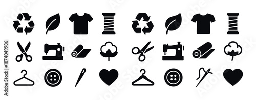 Sustainable fashion icons: eco-friendly, sewing, clothing, recycle, heart