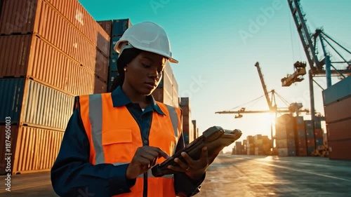 Logistics Expert at Port: A focused woman in safety attire, using a digital tablet at a bustling port. Surrounded by shipping containers and machinery under a sunny sky.