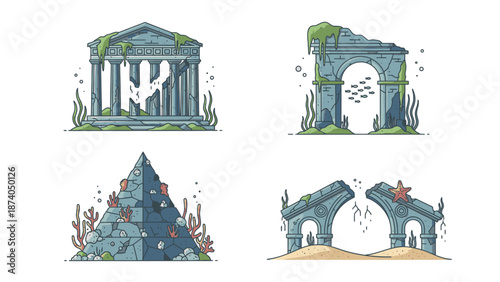 Underwater Ancient Ruins Illustration Featuring Temples and Structures in Various States of Deterioration