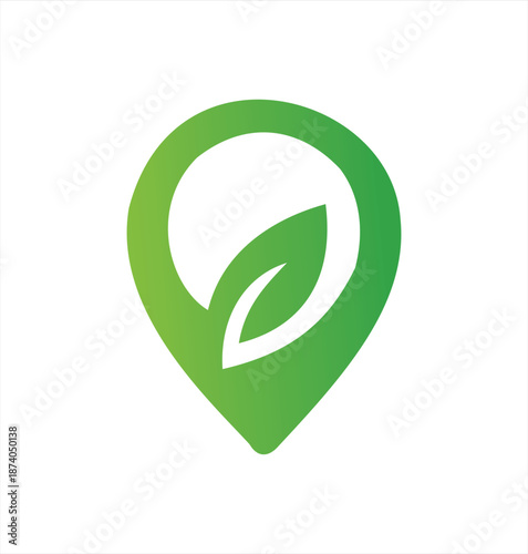 A green gradient map pointer icon combined with a negative space leaf, perfect for eco-tourism, organic local food, or environmental locations.