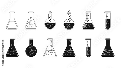 Collection of Laboratory Flasks and Beakers with Various Liquids and Bubbles Illustrated in Different Styles and Formats