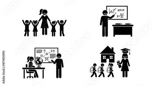 Educational scenes depicting teachers and students in various learning environments and activities