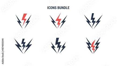 A collection of six stylized lightning bolt icons in various color schemes on a white background