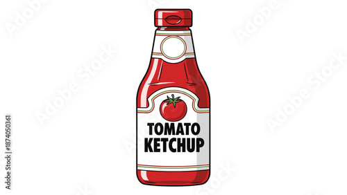 A clear glass bottle of 'Tomato Ketchup' with a red label featuring a tomato illustration.