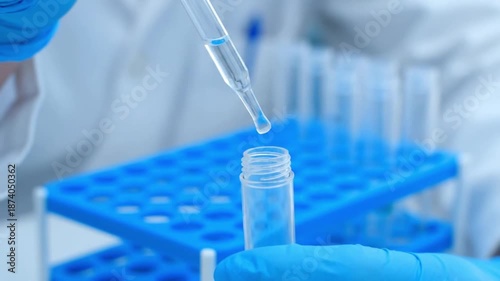 Scientist in lab coat and blue gloves carefully dropping liquid into test tube with pipette with research and experiment and science and medical