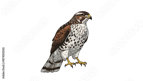 A majestic hawk with sharp eyes perched alertly on a branch, showcasing its intricate feather details against a clean white background.