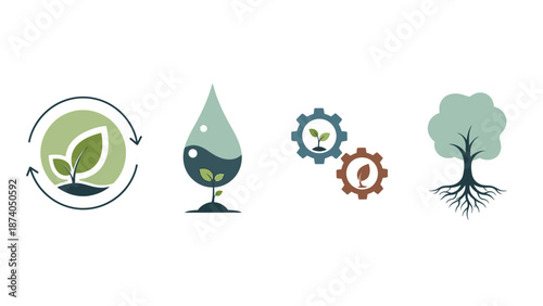 Eco-friendly illustration showcasing environmental conservation through stylized symbols of recycling, water droplet, industrial integration, and tree growth.