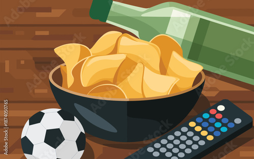 A bowl of potato chips and a soccer ball on a wooden table with a remote control and a bottle