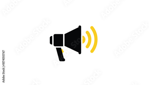 Black Megaphone with Yellow Sound Waves on White Background