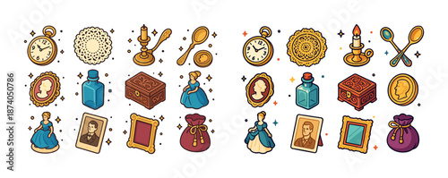 Victorian era objects set with clocks, candlesticks, and figurines