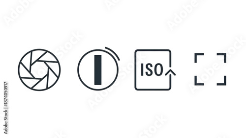 Photography camera settings and professional gear icons set, aperture iso and equipment bag vector