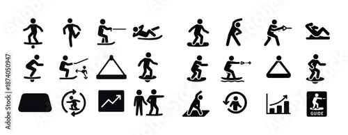 Vector icons of various water and land sports activities including surfing and skiing