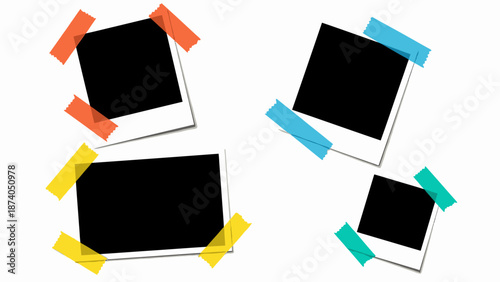 Collection of blank instant photos with colored tape on white background viewed from above