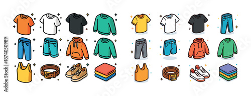 Colorful casual clothing collection: t-shirts, jeans, hoodies, sneakers, and accessories