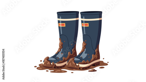 A pair of dark blue rubber boots heavily covered in mud and standing in a muddy puddle, suggesting outdoor work or exploration in wet conditions.