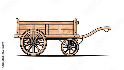 A vintage wooden wagon with two large spoked wheels at the front and smaller ones at the rear, designed for transporting goods or people.