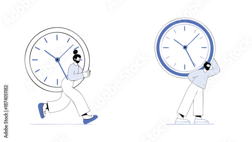 A line art scene depicting two workers balancing and carrying large ticking clocks with balance and oversized and illustration