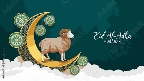 A serene Eid Al-Adha celebration with a lamb on a crescent moon surrounded by decorative elements on a cloud