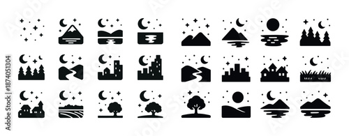 Minimalist landscape icons collection: mountains, trees, cityscapes, and moon designs