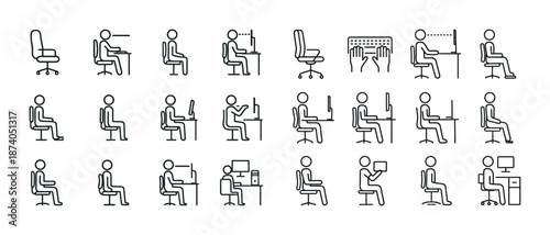 Ergonomic office chair and desk positions illustrated for optimal posture