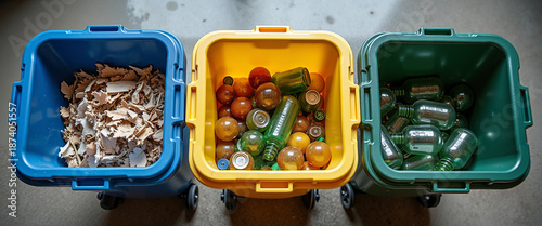 Recycling bins for cardboard, plastic, and glass on a concrete floor  