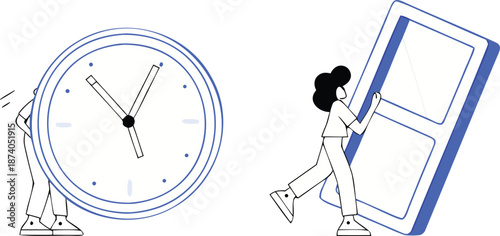 A person runs from a giant clock and smartphone in a minimalist illustration representing urgency and technology with escaping