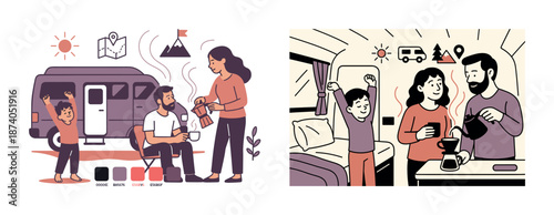 Family camping adventure with rv and morning coffee moments