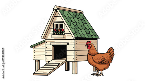 A brown chicken stands next to a wooden chicken coop with a green roof against a white background.
