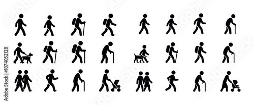 Silhouette icons of walking figures with various activities and accessories
