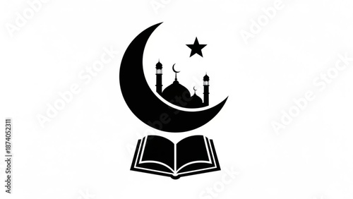 Crescent Moon with Mosque and Open Book Illustration, Symbolizing Ramadan, Isolated on White Background