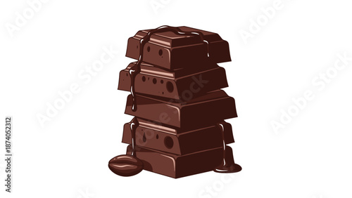 A stack of dark chocolate bars drizzled with chocolate sauce and a coffee bean rests on white.